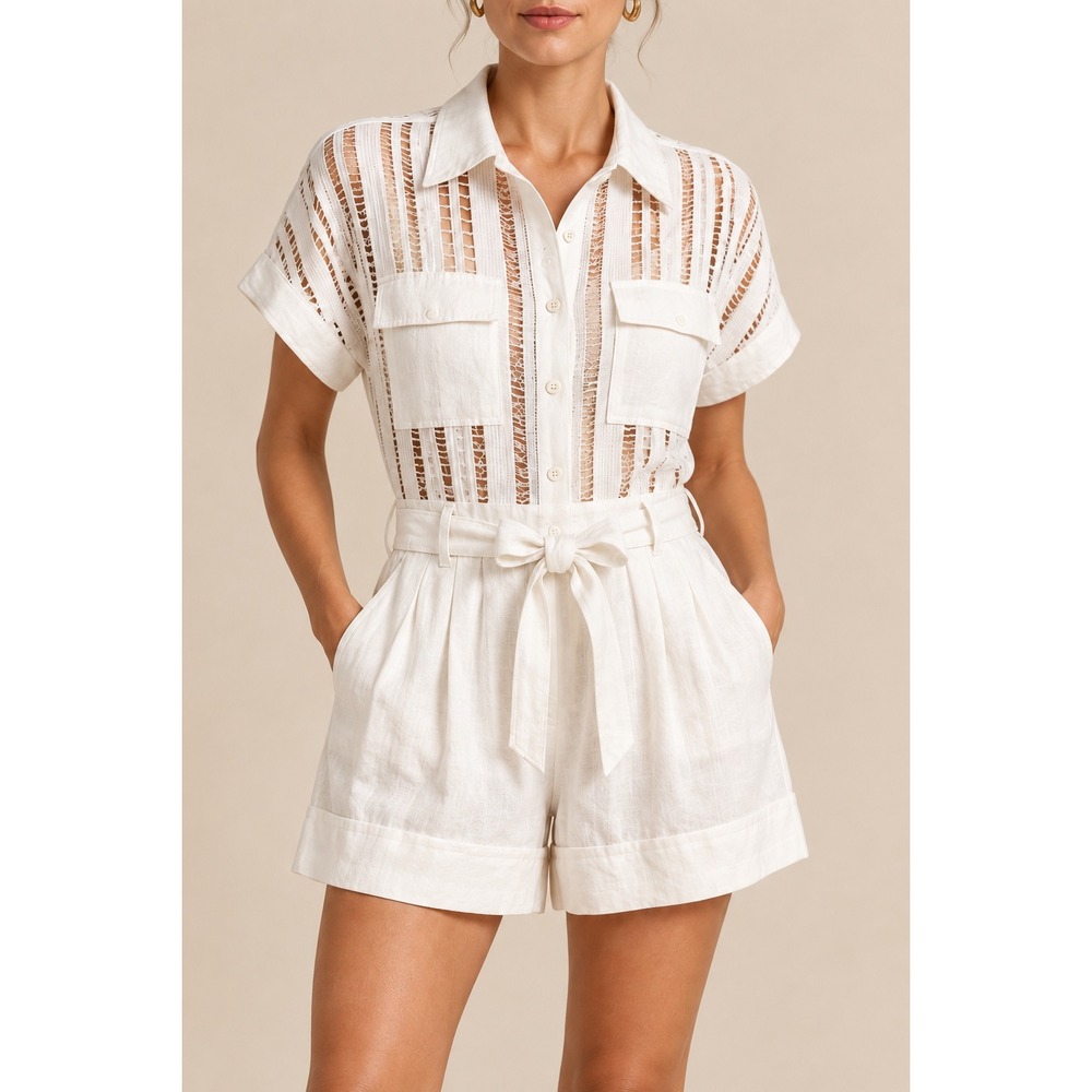 M 213 Christy Lynn White Cotton Linen Openwork Lace Belted Button Front Romper